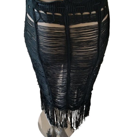 Distressed Tie Waist Short Sleeve Fringe Knit Cover Up Robe Womens XXL Black - Picture 13 of 15